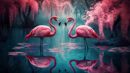 Two beautiful pink flamingos in the water of the dreamlike imaginary forestの素材