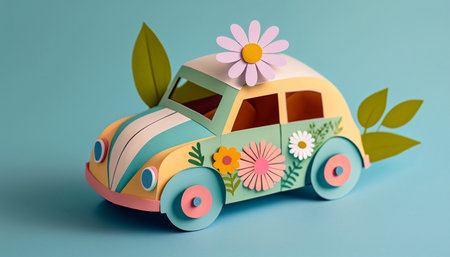Cute small paper car with colorful spring flowers on blue backgroundの素材
