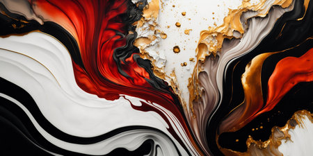 Red, white, black and gold watercolor paint texture and ink mixture create artistic abstract backgroundの素材