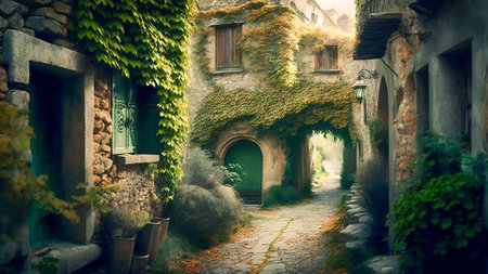 Imaginary dreamlike beautiful old house in street full with green hanging plantsの素材