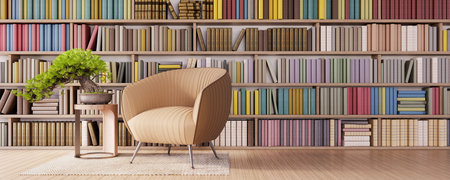 Living room interior design in the library with colorful books 3D Renderの写真素材
