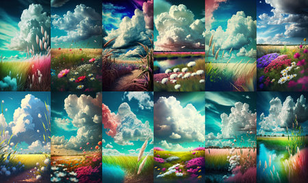 Set of colorful dreamlike meadows with beautiful flowers and white clouds. Vertical backgrounds for mobile phonesの素材