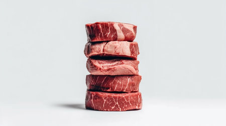 Stack of fresh raw beef steaks on white backgroundの素材