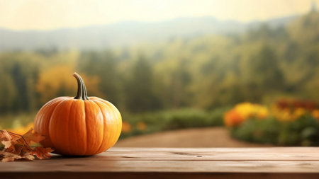 Autumn seasonal background with pumpkin and yellow leaves on wooden plankの素材