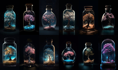 Set of dreamlike beautiful trees in small glass bottles on black backgroundsの素材