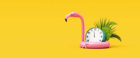 Last minute summer travel concept. Inflatable pink flamingo with clock 3D render