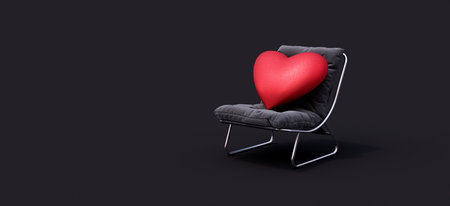 Red heart on grey modern armchair, mock up minimal concept with copy space 3d render 3d illustrationの写真素材