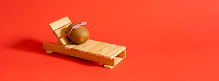 Kiwi with sunglasses resting on the wooden beach bed. Summer vacation concept on red backgroundの写真素材