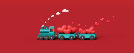 Blue train toy and wagons filled with red hearts. Valentine's day concept on red background 3d...