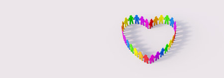 Rainbow colors group of people hold hands and form a heart shape. Diversity and tolerance concept on white background 3d render 3d illustrationの写真素材