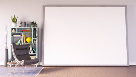 Living room with an empty picture frame on a wooden floor 3d render 3d illustration