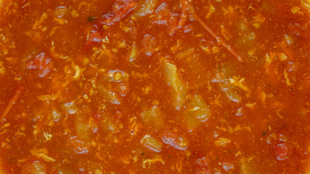 Homemade stew with tomatoes and peppers top viewの写真素材