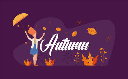 autumn illustration, holiday banner woman enjoy the lifeのイラスト素材