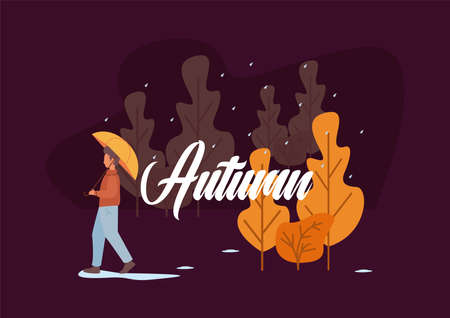 autumn illustration, holiday banner, trucking person, rain conceptのイラスト素材