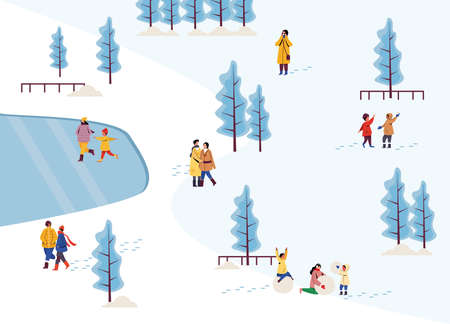 Winter holidays people fun in snow walking in the park, christmas season illustrationのイラスト素材
