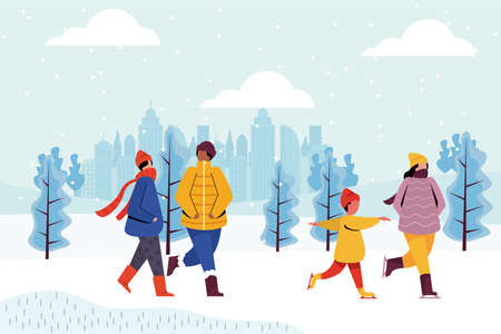 Winter holidays people fun in snow, walking in the park illustrationのイラスト素材