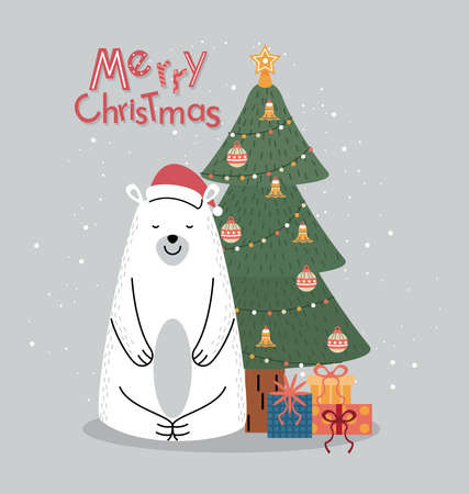 Merry christmas holiday season illustration bear and christmas tree card desingのイラスト素材