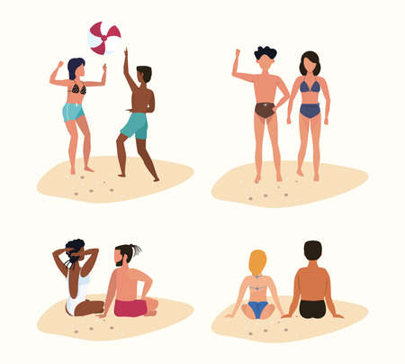 Beach party people having fun drawing couples clipart, illustration vector resourcesのイラスト素材
