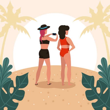 Beach party people having fun drawing woamn watching sunset illustrationのイラスト素材