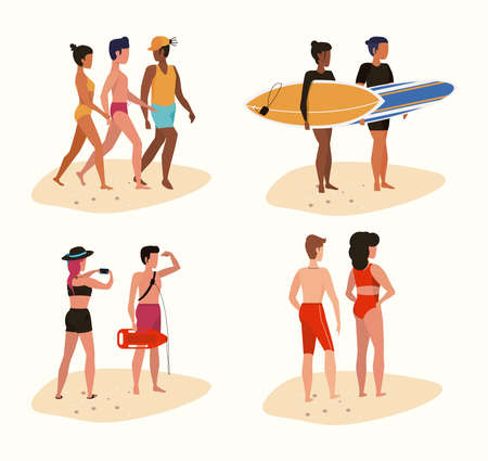 Beach party people having fun drawing couples clipart setのイラスト素材