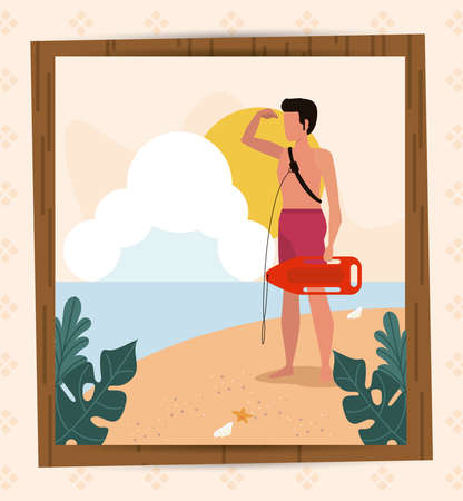 Beach party people having fun drawing, lifeguard clipart posterのイラスト素材