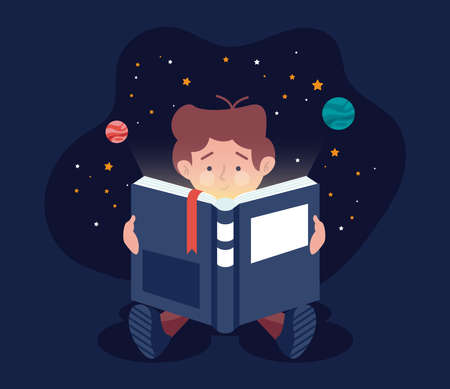 Book day illustration wallpaper boy reading and imagination banner designのイラスト素材