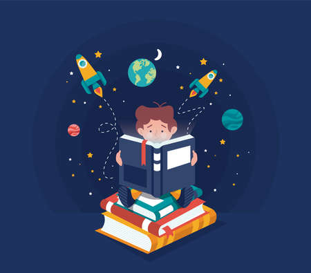 Book day illustration wallpaper, kid reading imagination designのイラスト素材