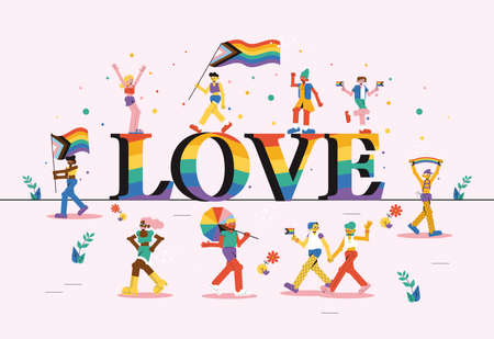 Pride parade love cute illustration banner, rainbow