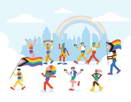 Pride parade background illustration cute cartoon design styleのイラスト素材