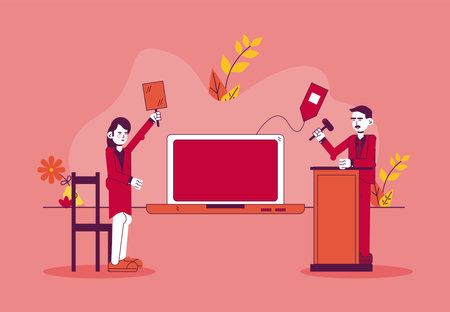 Web auction people in room, woman bidder buying onlineのイラスト素材