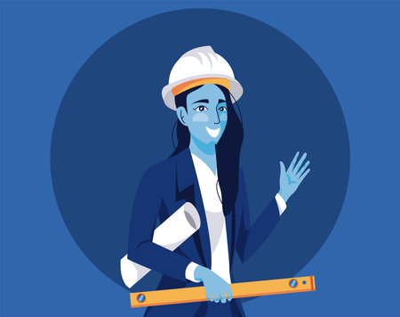Woman architect design engineer illustration blue background iconのイラスト素材