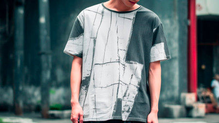 Man short sleeve tshirt black thank you side mock up walking in street standing handsome man modelの素材
