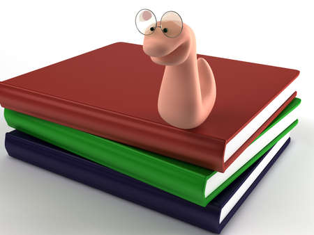 Cute cartoon bookworm on the pile of books wearing huge glasses