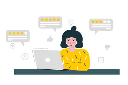 Customer feedback concept. Girl giving opinion online. vector illustrationのイラスト素材