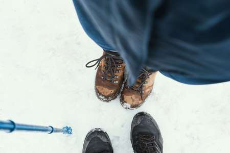 Bird eye view of male and female trekking shoes の写真素材