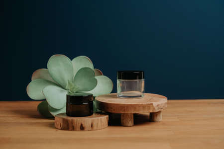 Wooden desk and wooden stage for a cosmetics productsの写真素材