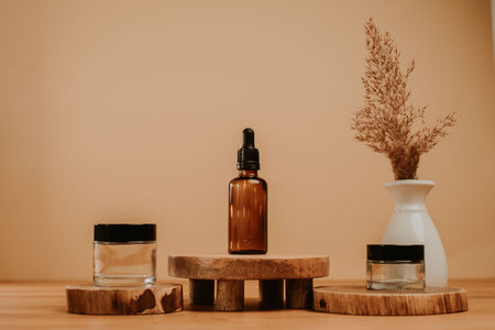 Product placement, cosmetics containers and copy spaceの写真素材