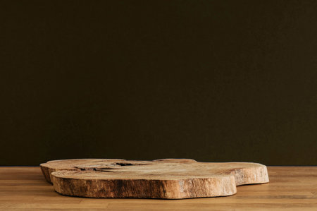 Wooden natural stand on wooden table with copy space backgroundの写真素材