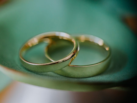 Traditional gold rings on green plant leafの写真素材