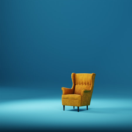 Yellow armchair on blue turquoise background; square illustrationの写真素材