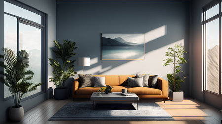 Interior design of cozy living room interior with copy space, mockup poster frame, gray table, plant and window. personal accessories. home dÃ©cor. template.の素材