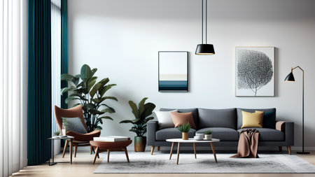 Gray sofa and wooden table in modern interior design with simple accessories. Cozy stylish apartment.の素材