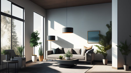 Living room with modern stylish sofa, plant and lamp. Spacious interior template.の素材
