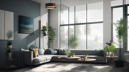 Glazed interior living room. Huge window in a modern simple house. Gray sofa, plant and poster.の素材