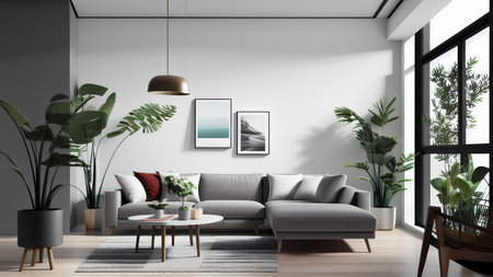 Spacious living room with gray corner sofa and mockup postres frame on wall.の素材