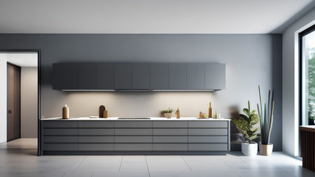Modern gray kitchen interior. simple design. Wall with countertop, plant, accessories. home dÃ©cor.の素材
