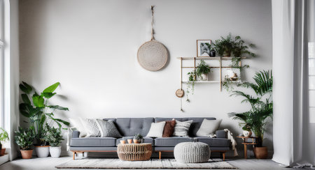 Gray big sofa in comfortable bohemian living room interior with green plants, rattan decoration, table and pouf.の素材