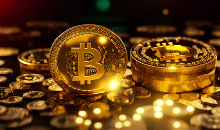 Shiny golden gold bitcoin coin. sparkling background. Generative AIの素材