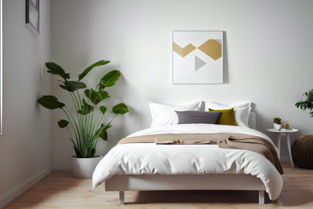 Simple bedroom interior with white wall and double bed. Poster in frame on the wall. plant. Generative AIの素材