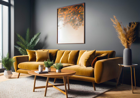 Spacious living room with yellow corner sofa and mockup postres frame on wall. Generative AIの素材